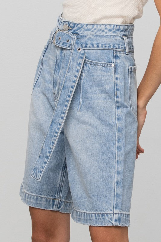 Belted Bermuda Denim Shorts