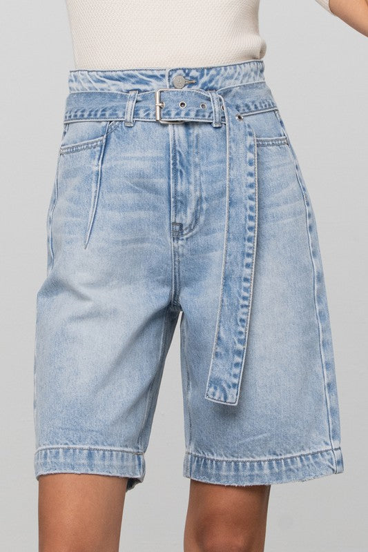 Belted Bermuda Denim Shorts