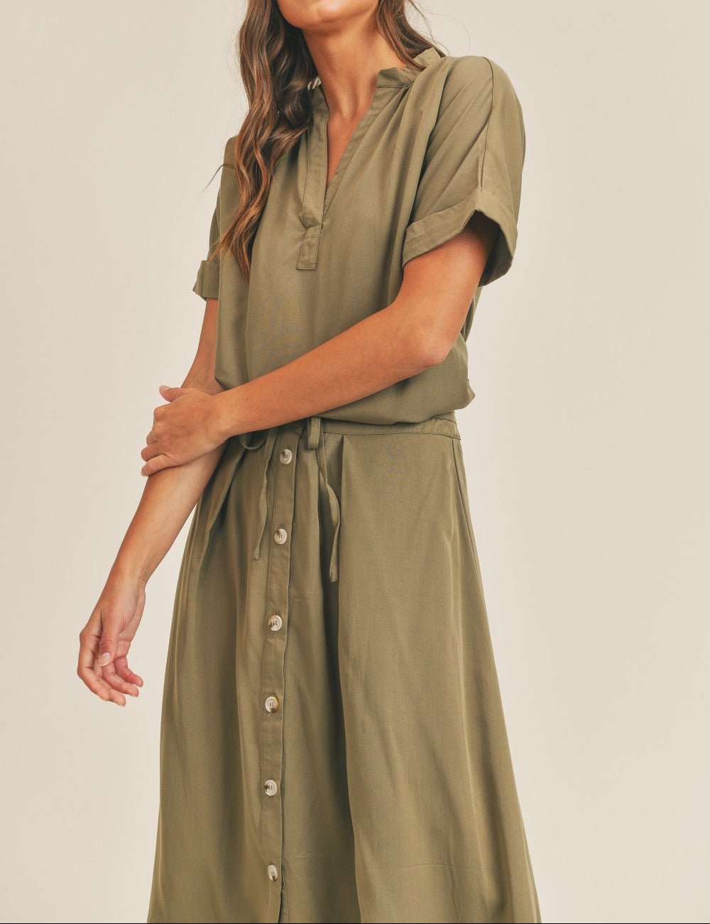 Mable Short Sleeve Top and Button Down Midi Skirt Set - Olive
