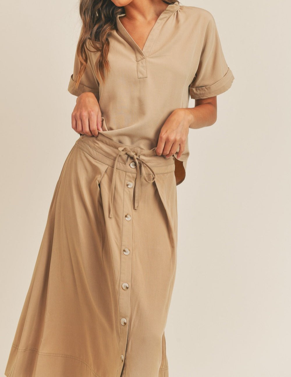 Mable Short Sleeve Top and Button Down Midi Skirt Set - Taupe